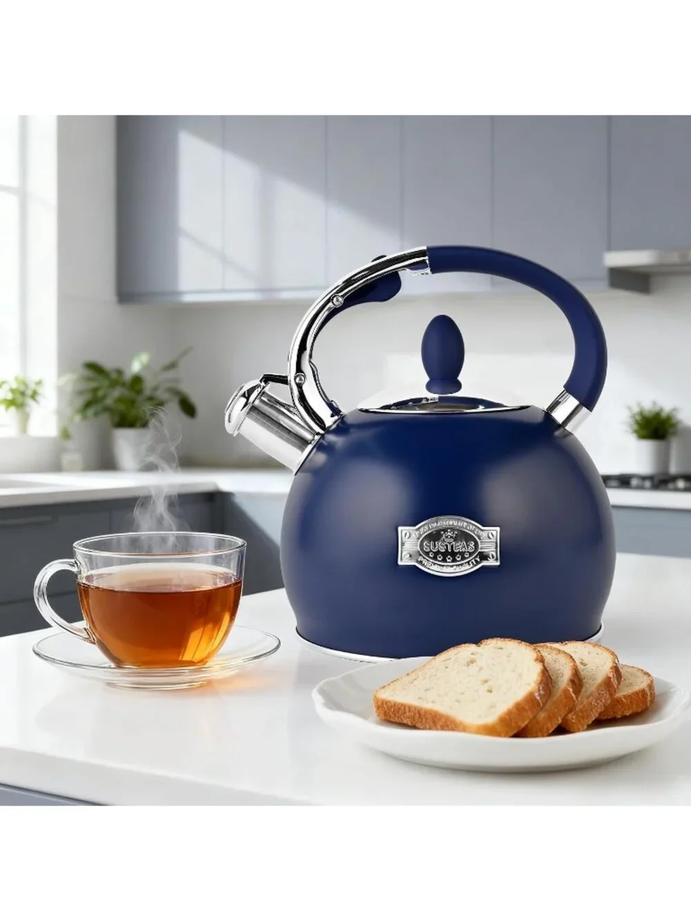 SUSTEAS Kitchen Whistling Tea Kettle 2.64QT Stainless Steel Stove Top Navy Blue